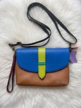 Soruka Colorblock Leather Crossbody Bag - Blue, Brown & Lime